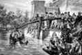 Die Strafe des Untertauchens im Mittelalter, angewandt bei betruegerischen Baeckern, historischer Stich, 1888